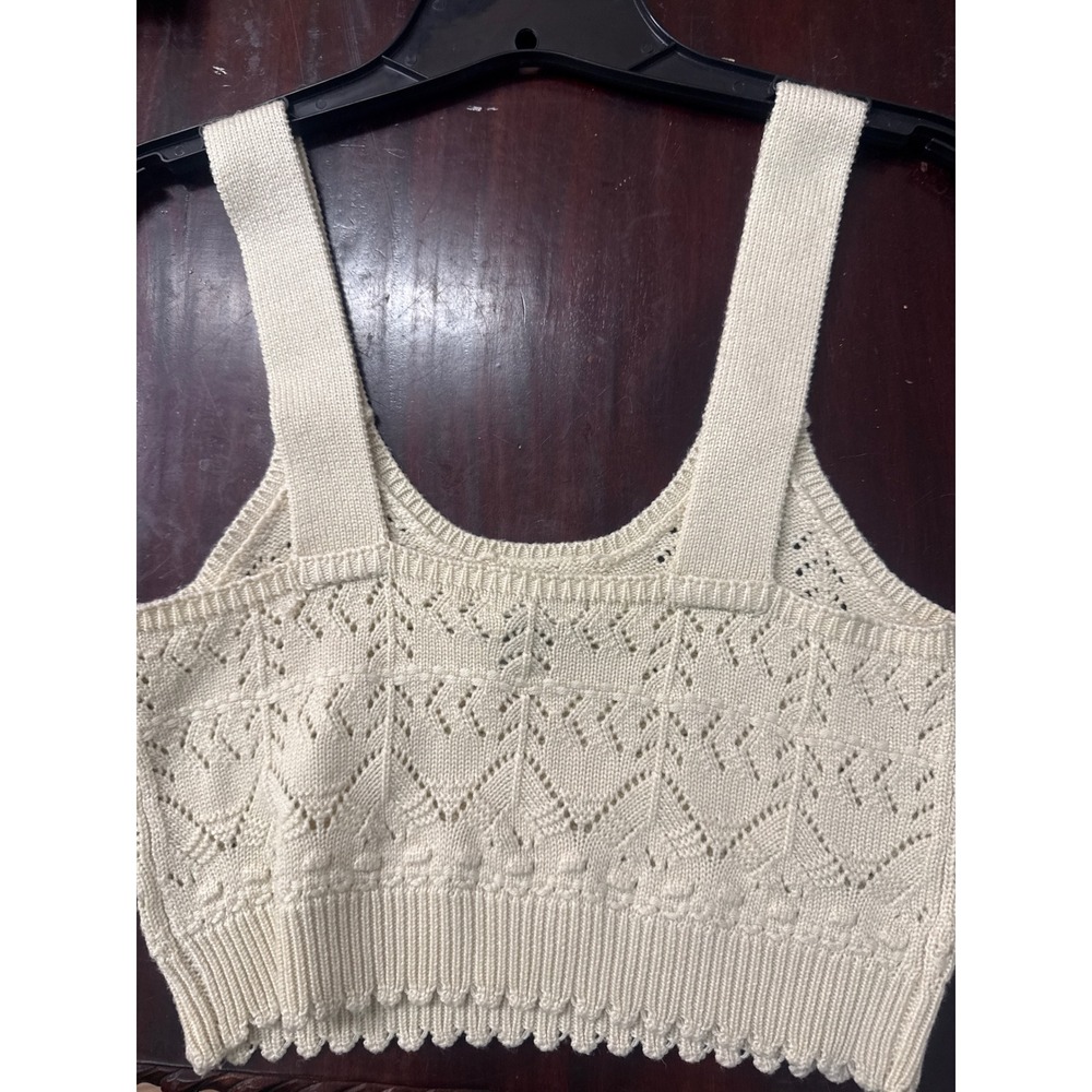 Sky & Sparrow Cream Pointelle Knit Crop Top Sleeveless Boho Chevron Ivory
